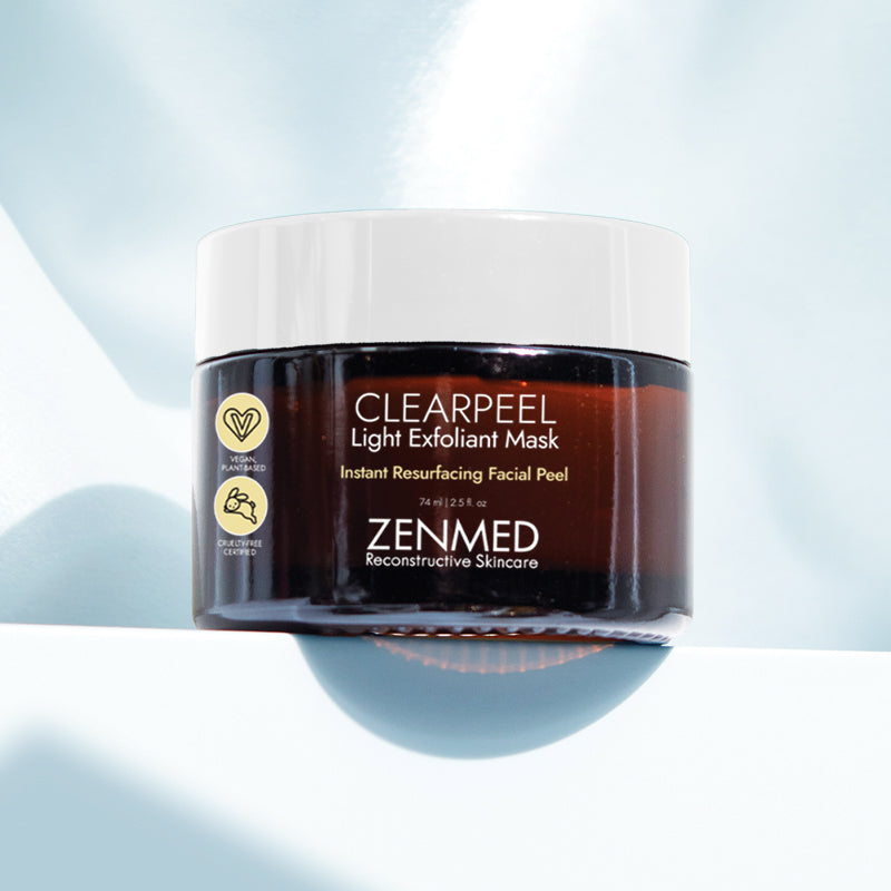 Jar of Zenmed Clearpeel Light Exfoliant Mask on a light blue background