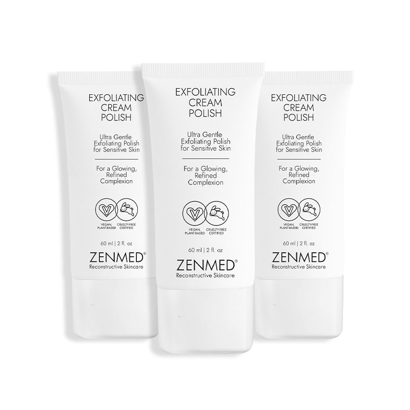 Three packages of Zenmed Exfoliating Cream Polish on a white background