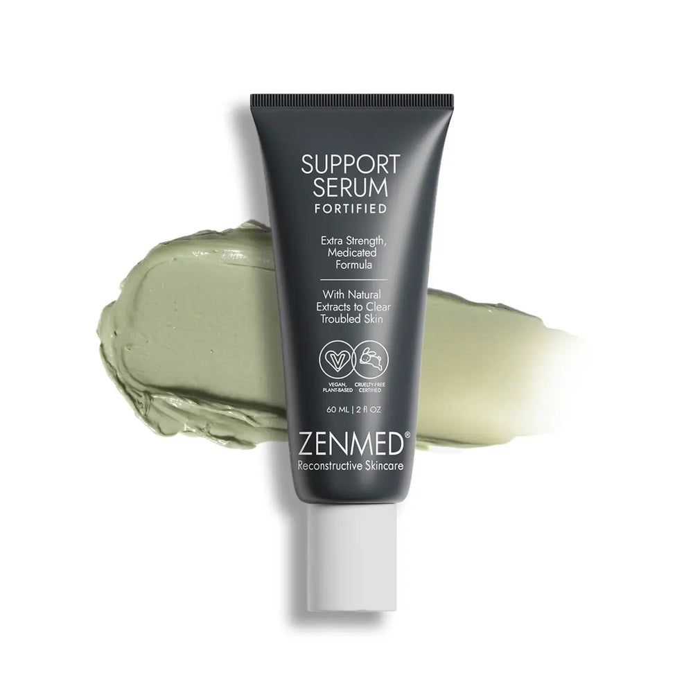 Zenmed Support Serum Fortified tube with green cream swatch on a white background