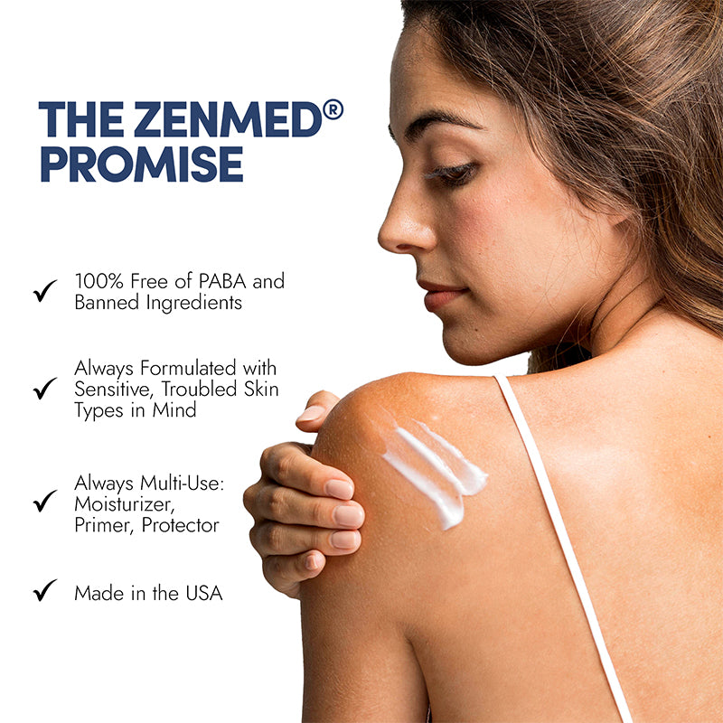 A woman looking over her shoulder while apply zenmed lotion