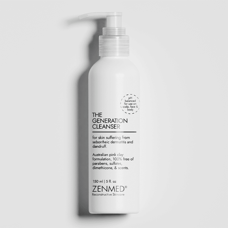 White bottle of 'The Generation Cleanser' by Zenmed on a light gray background